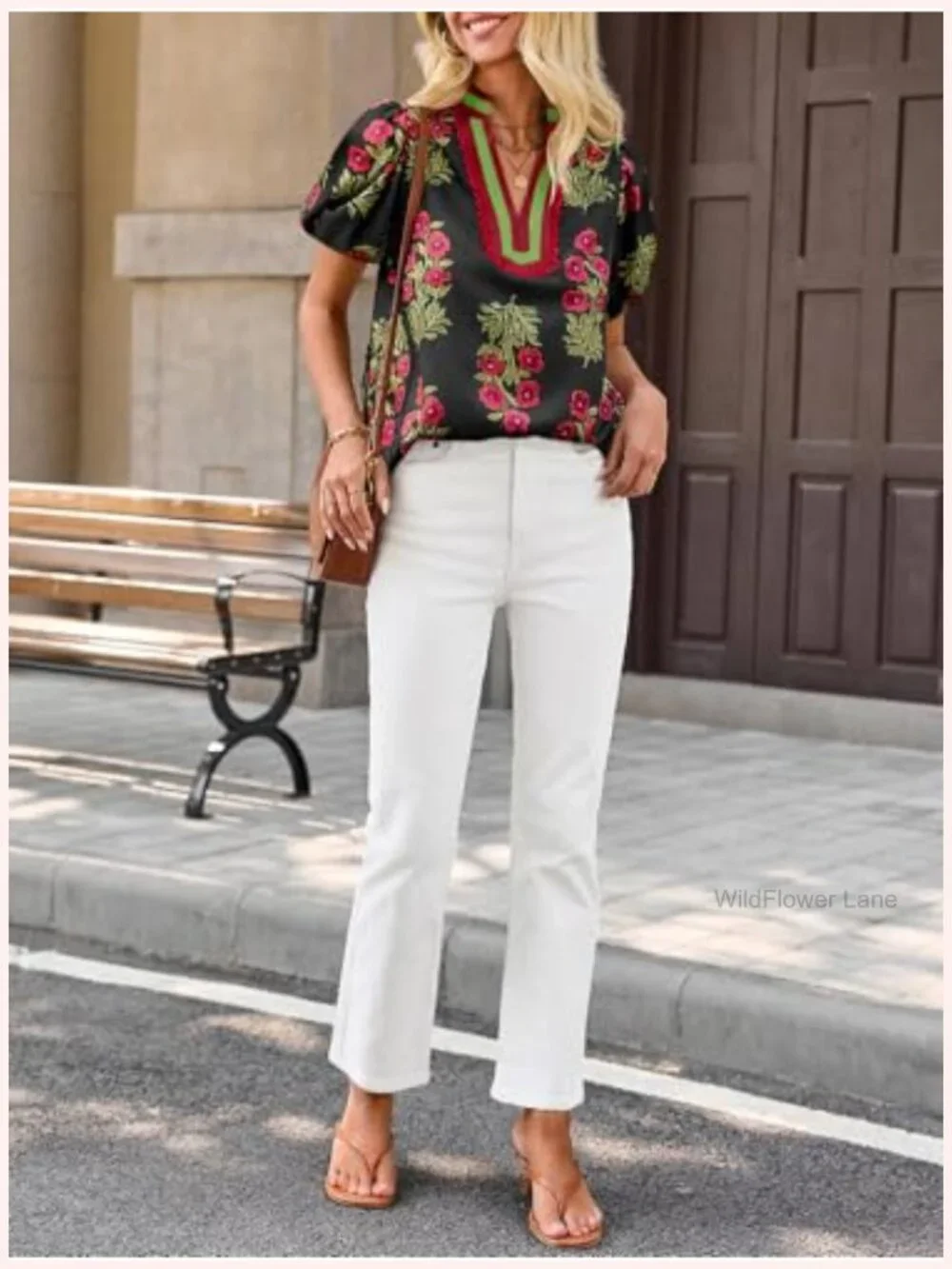 Women's Floral Puff Sleeve V Neck Blouse - Relaxed Fit Casual Top